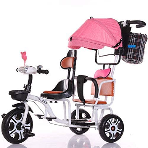 Triciclo para bebés, biplaza, acero con alto contenido de carbono, bicitaxi para dos manos, bicis, biplaza con toldo individual / barrera doble / luz, triciclo para niños, color blanco para niños de