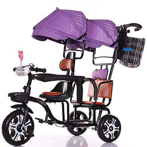 Triciclo para bebés, biplaza, de acero con alto contenido de carbono, bicitaxi para dos manos, biciciclo, biplaza, con capota doble morado / triciclo doble il, negro s para niños de 1 a 3 años Happy