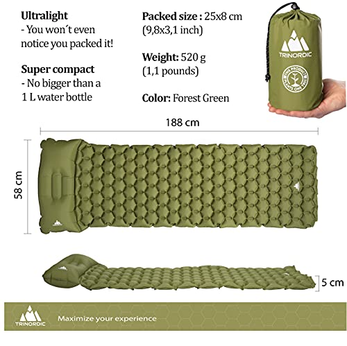 TRINORDIC Colchoneta de camping ultraligera inflable para dormir con almohada, plegable, ligera, inflable, portátil, almohadilla de aire, para exteriores, senderismo, viajes