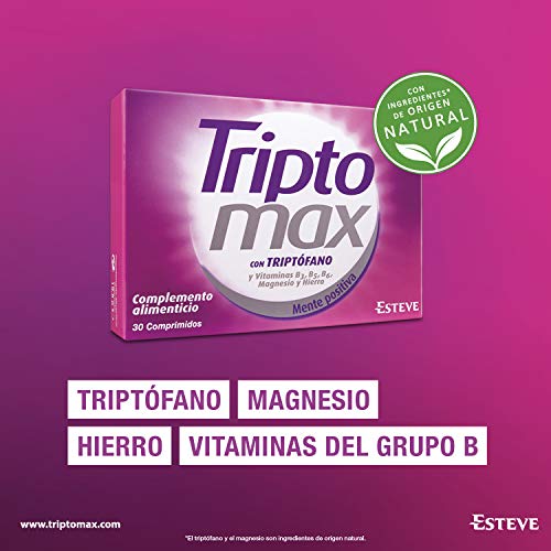 TRIPTOMAX - Complemento Alimenticio para Regular el Estado Anímico, Compuesto de Triptófano + Vitaminas del Grupo B+ Hierro+ Magnesio, 30 Comprimidos