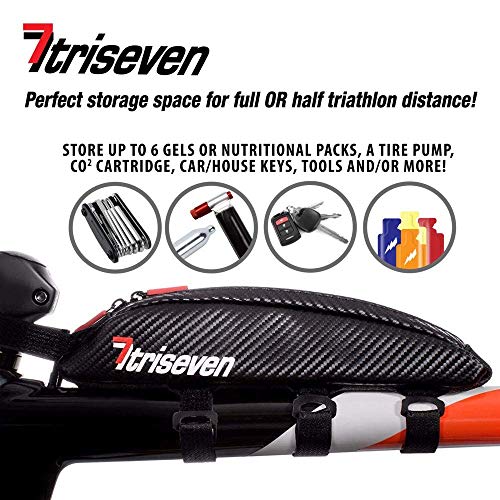 TriSeven Bolsa de Triciclo de Carbono Aero 10 - Almacenamiento liviano para triatlones y MTB | ¡Tiene 6 geles, nutrición, Bomba, Llaves, Herramientas y más!