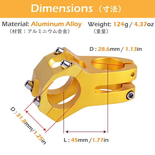 TRIWONDER Potencias MTB Vástago de Manillar Aleación de Aluminio Ligero 31.8 x 45mm para Ciclismo Bicicleta Montaña (31.8 x 45 mm - Oro)