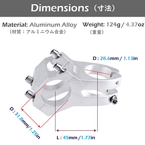 TRIWONDER Potencias MTB Vástago de Manillar Aleación de Aluminio Ligero 31.8 x 45mm para Ciclismo Bicicleta Montaña (31.8 x 45 mm - Plateado)