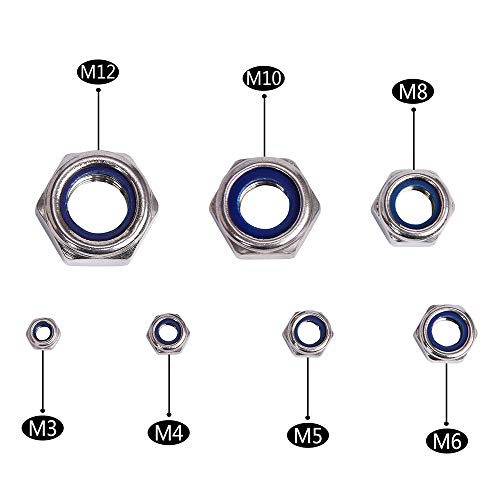 Tuercas de Contratuerca, 170 Piezas 304 Acero Inoxidable Autoblocantes Tuerca de Contratuerca de Nailon Hexagonal, Surtido de Tornillos M3 M4 M5 M6 M8 M10 M12