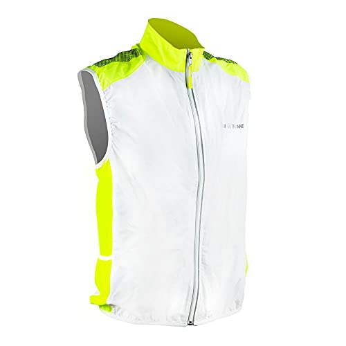 ULTRANNER - BULNES | Cortavientos Sin Mangas para Hombre - Chaleco Cortavientos Reflectante Apto para Trail Running Ciclismo Senderismo y Más - Color Blanco y Amarillo Para Más Visibilidad - Talla L