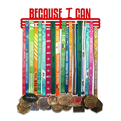 United Medals BECAUSE I CAN Sports Medal Hanger Display | Soporte de acero recubierto de polvo rojo vivo (3 barras colgantes hasta 48 medallas) | Marco de montaje en pared
