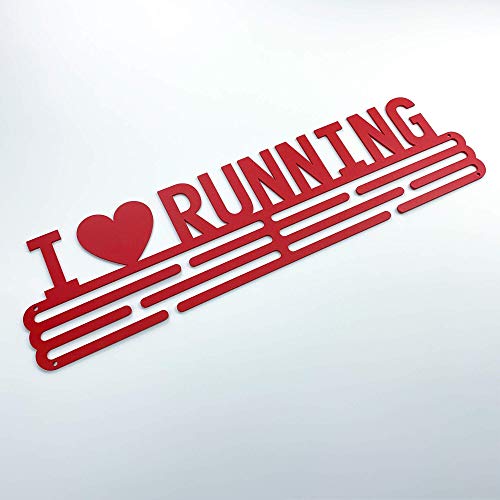 United Medals Soporte para medallas con texto en inglés "I Love Running Sports | Soporte de acero recubierto de polvo rojo vivo (3 barras para colgar hasta 48 medallas) | Marco de montaje en pared