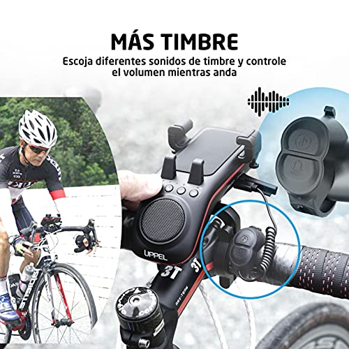 UPCARE Altavoz Bluetooth Bicicleta Multifunción 10 en 1 - Soporte Movil Bicicleta – Luz LED – Cargador Portátil – Timbre – Micrófono – Modos TF/SD/AUX – para Bicis de Carretera y Montaña