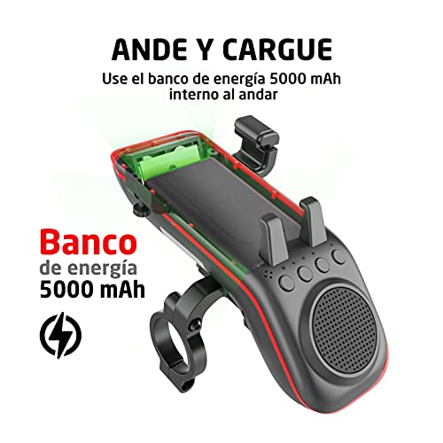 UPCARE Altavoz Bluetooth Bicicleta Multifunción 10 en 1 - Soporte Movil Bicicleta – Luz LED – Cargador Portátil – Timbre – Micrófono – Modos TF/SD/AUX – para Bicis de Carretera y Montaña