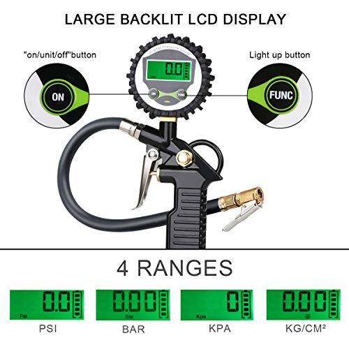 URAQT Manometro Presion Neumaticos, Manómetro Digital con Pantalla LCD, Manómetro de Neumáticos, Medidor de Presión de Neumáticos con Manguera y Acoplador para Motocicleta, Bcicleta y Coche