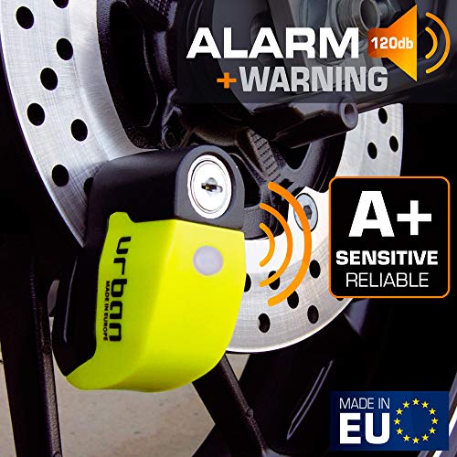 urban Security UR6 Candado Antirrobo Disco con Alarma+Warning 120dBA, 6 mm, Made In EU