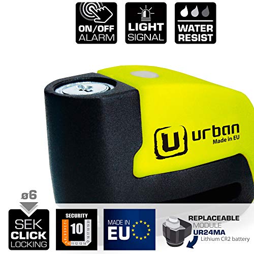 urban Security UR6 Candado Antirrobo Disco con Alarma+Warning 120dBA, 6 mm, Made In EU
