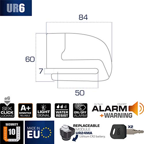 urban Security UR6 Candado Antirrobo Disco con Alarma+Warning 120dBA, 6 mm, Made In EU