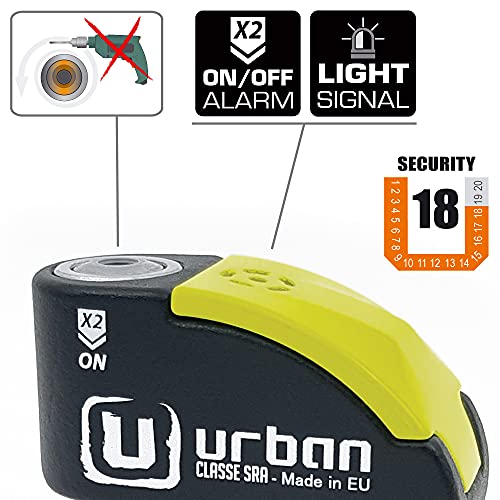 urban UR10 Candado Antirrobo Moto Disco con Warning y Alarma 120dba, Alta Seguridad Homologado CLASSE Sra, Doble Cierre 10 mm, Made in EU