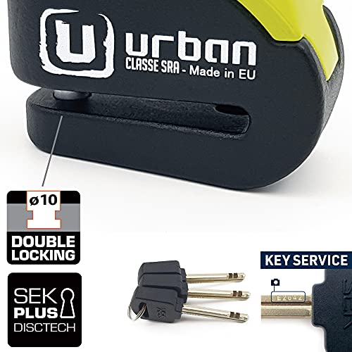 urban UR10 Candado Antirrobo Moto Disco con Warning y Alarma 120dba, Alta Seguridad Homologado CLASSE Sra, Doble Cierre 10 mm, Made in EU