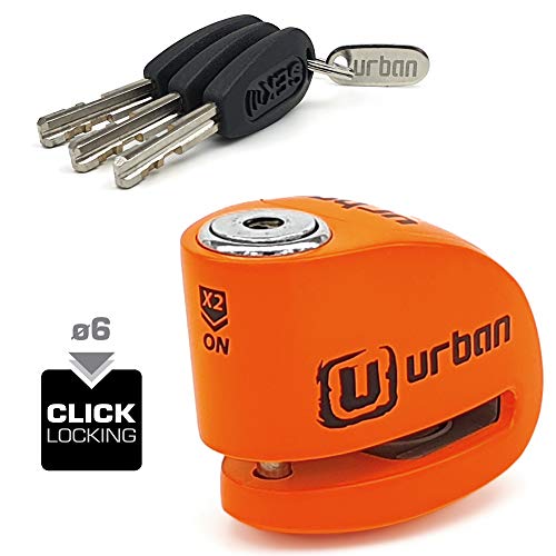 URBAN UR906N Candado Antirrobo Disco Alarma 120 db, Eje 6 mm Universal Moto Scooter Bici, Naranja Fluor, 6