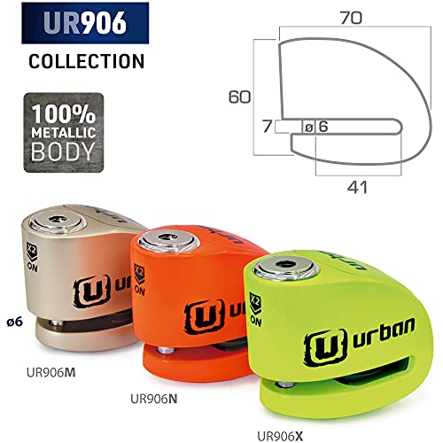 URBAN UR906N Candado Antirrobo Disco Alarma 120 db, Eje 6 mm Universal Moto Scooter Bici, Naranja Fluor, 6