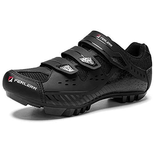 URDAR Zapatillas Ciclismo MTB Hombre Transpirable Zapatos MTB Antideslizante Zapatillas Bicicleta de Montaña 3Hook&Loop(Negro Puro,44 EU)