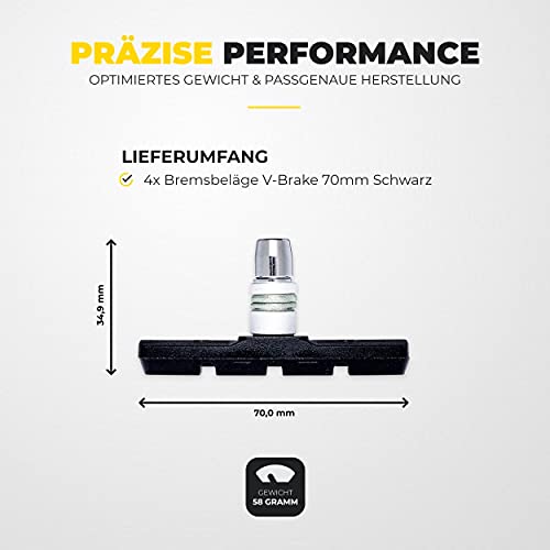 V-Brake Zapatas Freno 2 Par 70mm Symmetric I para Shimano, Tektro, Avid, Sram, XLC etc I Alto Rendimiento I Durable & Ajuste V Pastillas de Freno Bicicleta