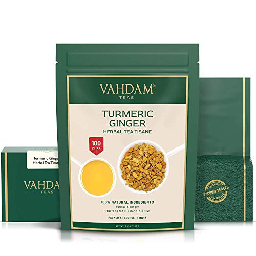 VAHDAM, SUPERALIMENTO Mezcla Cúrcuma + Jengibre (+100 Tazas) | Té de Hierbas SIN CAFEÍNA | POTENTES Propiedades INMUNIZANTES | 100% NATURAL | Probar como TÉ FRÍO o Infusión Caliente con Leche | 200g