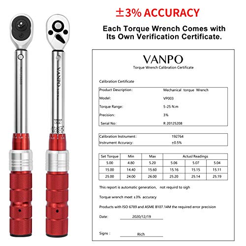 VANPO Llave Dinamométrica 1/4", Llave de Torque 5-25 Nm, Alta Precisión de ±3% con Cabezal Reversible de 72T, Barra de Extensión de 10cm, 3/8" Adaptador para Bicicleta de Carretera y Montaña, Moto