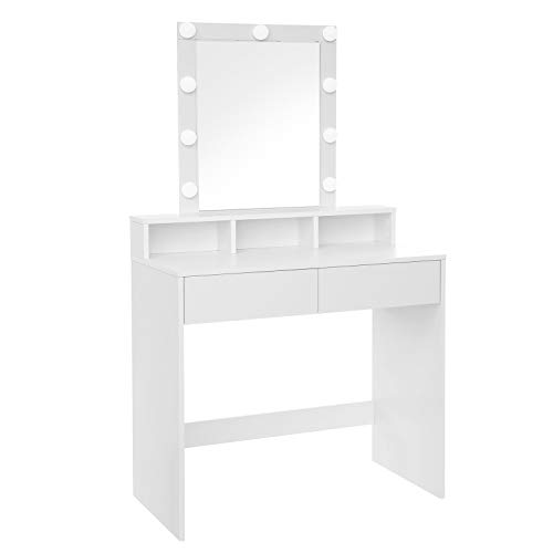 VASAGLE Tocador con Espejo y Bombillas, Mesa de Maquillaje, con 2 Cajones y 3 Compartimentos de Almacenamiento, Estilo Moderno, Blanco RDT114W01