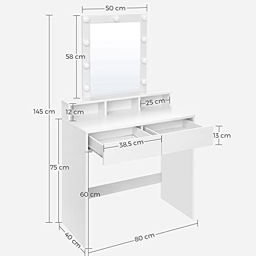 VASAGLE Tocador con Espejo y Bombillas, Mesa de Maquillaje, con 2 Cajones y 3 Compartimentos de Almacenamiento, Estilo Moderno, Blanco RDT114W01