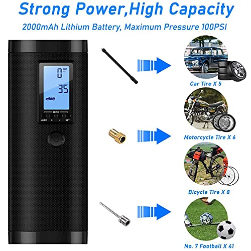 VEEAPE Compresor de Aire Portátil con Batería Recargable 2000 mAh, Mini Bomba de Bicicleta electrica, Multifuncional para Coche, Moto, Pelotas y etc, con Pantalla LCD Digital y Linterna LED