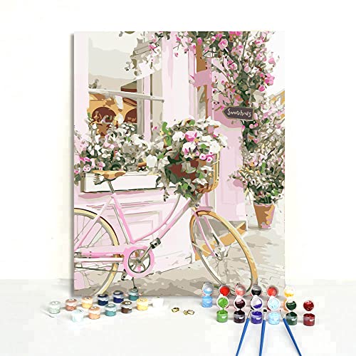 Velartes Pintar por Numeros Adultos Niños Pintura por Numeros con Pinceles Lienzo y Pinturas Acrilicas, DIY Kit Completo para el Hogar Cuadros Bicicleta y Flores (40 * 50cm, Sin Marco)