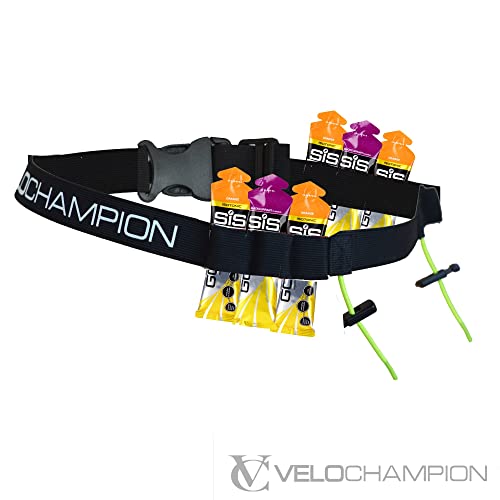 VeloChampion Cinturon Lleva Numero para Triatlon Y MARATON con 6 Soportes para Gel HIDRATANTE