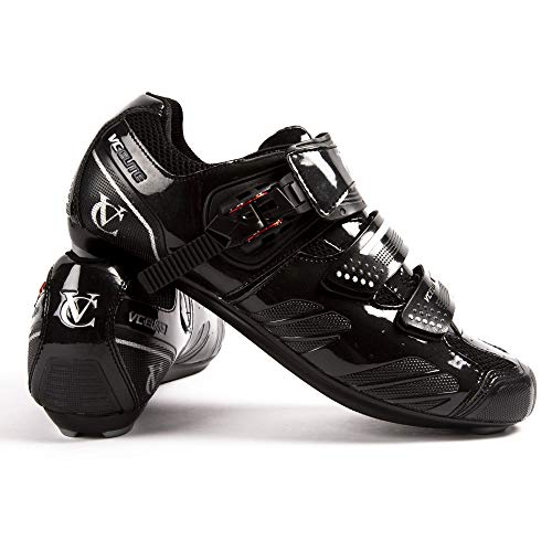 VeloChampion Elite Road - Zapatos de Ciclismo con Cierre de carraca - Fácil de Limpiar con Bolsa de Almacenamiento (par), Negro Plateado, 41 1/3 EU