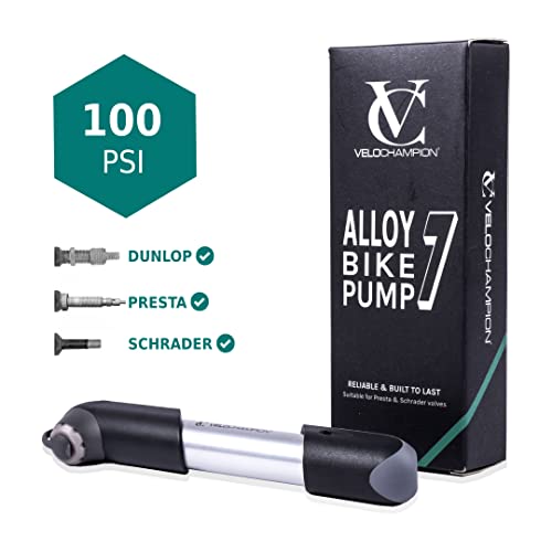VeloChampion Mini Bomba de Bicicleta Alloy Se Adapta a Presta, Schrader & Dunlop - Portátil, Compacto, Duradero y rápido y fácil de Usar (Bomba Alloy 7)