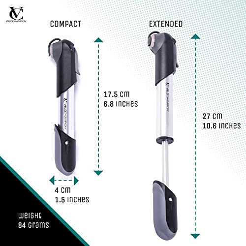 VeloChampion Mini Bomba de Bicicleta Alloy Se Adapta a Presta, Schrader & Dunlop - Portátil, Compacto, Duradero y rápido y fácil de Usar (Bomba Alloy 7)