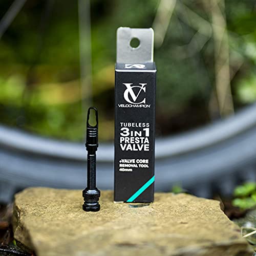 VeloChampion Tubeless Válvula Presta 3 en 1 + Herramienta de extracción de núcleo de válvula - 60 mm (Carretera)