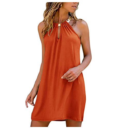 VEMOW Vestido Formal Corto para Mujer, Mujer Vestidos Verano Sin Mangas Elegante Midi Vestido de Cuello Halter Estampado Vestidos sin Respaldo Maxi Vestido de Fiesta Rockabilly Clásico(C Naranja,L)