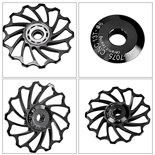 VGEBY1 Polea de desviación de la Bicicleta, 2 Piezas 11T / 13T Rodillo guía de la Bicicleta Rodamiento de cerámica Polea Trasera Rueda Jockey con Adaptador de Agujero(11T-Negro)