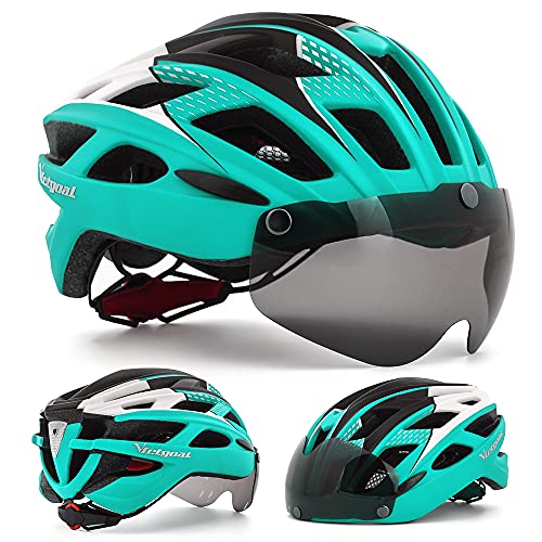 VICTGAOL Casco Bicicleta Helmet Bici Ciclismo para Adulto con Luz Trasera LED Visera Extraíble Hombres Mujeres Adultos de Bicicleta para Montar (Cian)