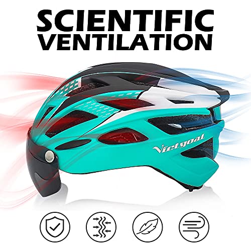 VICTGAOL Casco Bicicleta Helmet Bici Ciclismo para Adulto con Luz Trasera LED Visera Extraíble Hombres Mujeres Adultos de Bicicleta para Montar (Cian)