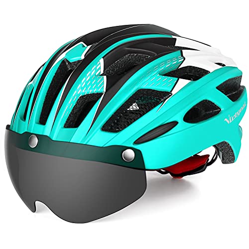VICTGAOL Casco Bicicleta Helmet Bici Ciclismo para Adulto con Luz Trasera LED Visera Extraíble Hombres Mujeres Adultos de Bicicleta para Montar (Cian)