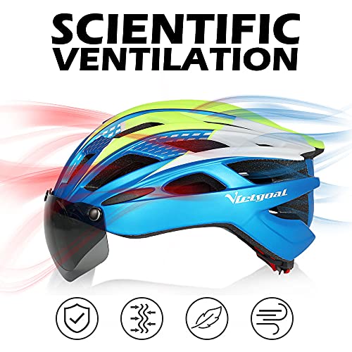 VICTGAOL Casco Bicicleta Helmet Bici Ciclismo para Adulto con Luz Trasera LED Visera Extraíble Hombres Mujeres Adultos de Bicicleta para Montar (Metalblue)