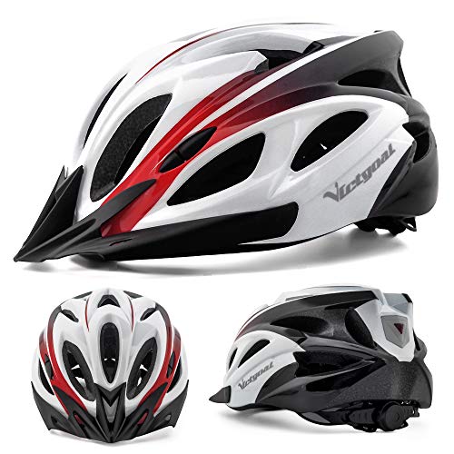 VICTGOAL Casco Bicicleta Adulto Casco de Montaña Luz LED con Visera de Seguridad Extraíbles para Hombre Mujer 57-61 CM (Blanco Negro)