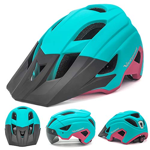 VICTGOAL Casco Bicicleta Adulto MTB Casco con Luz LED Trasera con Gafas Magnéticas Visera Extraíble Casco Bicicleta Ajustable para Hombres Mujeres (Rosa Claro)