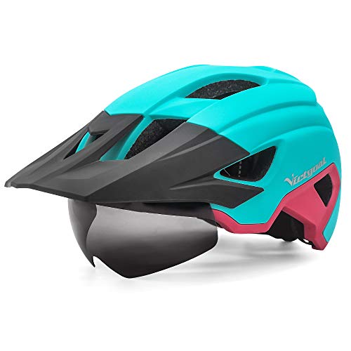 VICTGOAL Casco Bicicleta Adulto MTB Casco con Luz LED Trasera con Gafas Magnéticas Visera Extraíble Casco Bicicleta Ajustable para Hombres Mujeres (Rosa Claro)