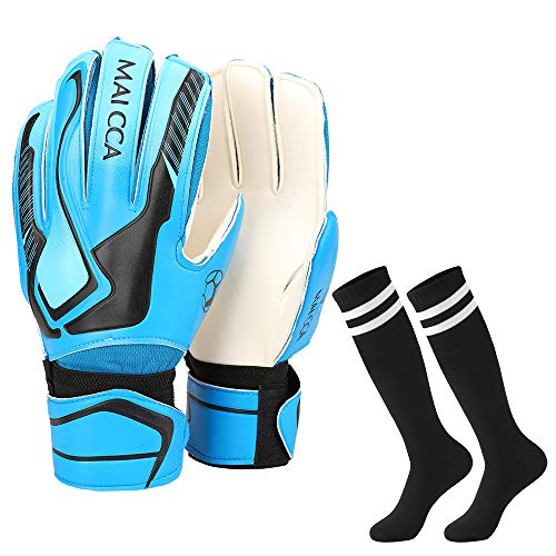 Villavivi 2 Artículos De Portero: Guantes De Portero De Fútbol con Protectores para Dedos + Calcetines De Fútbol para Niños, Niños (Azul, 5)