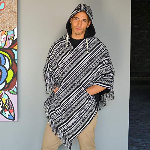 virblatt - poncho hombre | 100 % algodón | poncho invierno peruano | reversible | poncho mexicano ropa hippie rasta capa - Abajo black L-XL