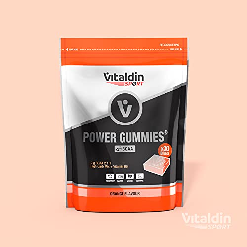 VITALDIN SPORT Power Gummies BCAA – Protección y recuperación muscular – 2 gr de Aminoácidos BCAA de ratio 2:1:1 por serving + Vitamina B6 – Doypack de 30 Bites de gominola – Sabor naranja – Vegano