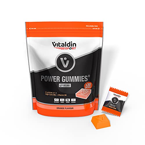 VITALDIN SPORT Power Gummies BCAA – Protección y recuperación muscular – 2 gr de Aminoácidos BCAA de ratio 2:1:1 por serving + Vitamina B6 – Doypack de 30 Bites de gominola – Sabor naranja – Vegano