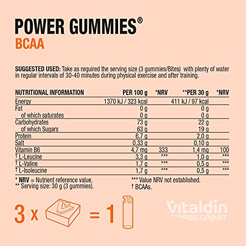 VITALDIN SPORT Power Gummies BCAA – Protección y recuperación muscular – 2 gr de Aminoácidos BCAA de ratio 2:1:1 por serving + Vitamina B6 – Doypack de 30 Bites de gominola – Sabor naranja – Vegano