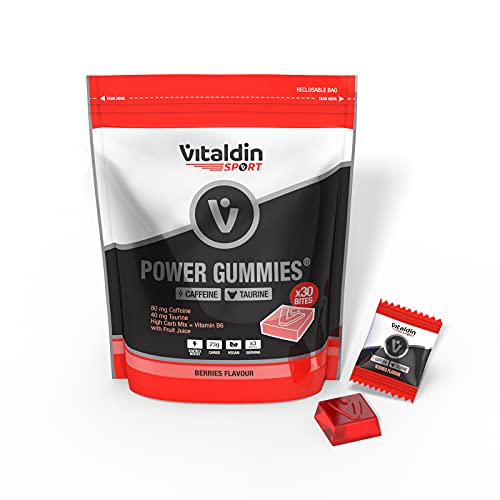 VITALDIN SPORT Power Gummies Caffeine & Taurine – Energía rápida y sostenida – 80 mg Cafeína, 40 mg Taurina por serving + Vitamina B6 – Doypack de 30 Bites de gominola – Sabor frutos rojos – Vegano