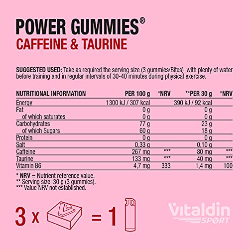 VITALDIN SPORT Power Gummies Caffeine & Taurine – Energía rápida y sostenida – 80 mg Cafeína, 40 mg Taurina por serving + Vitamina B6 – Doypack de 30 Bites de gominola – Sabor frutos rojos – Vegano